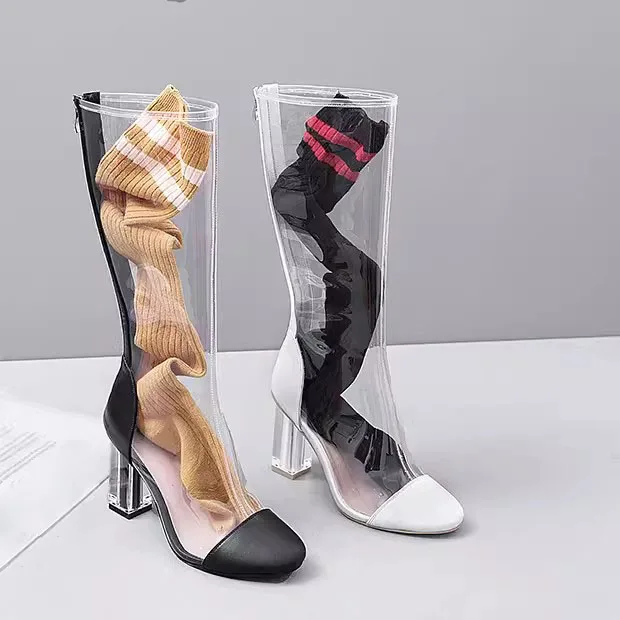 Fashion Ladies Black white toe patchwork Transparent Knee boots Crystal Chunky High Heels Clear Patchwork Slip on woman Botas