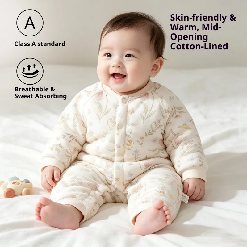 Baby Lightly Quilted Jumpsuit, 40g Thin Cotton, Soft & Warm Long-Sleeve Romper for Spring/Autumn Newborns