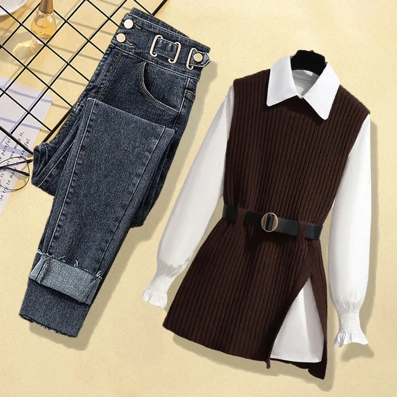 Large Autumn and Winter Suit for Women 2024 New Korean Fashion Knitted Vest Shirt Casual Slim Jeans Three Piece Set