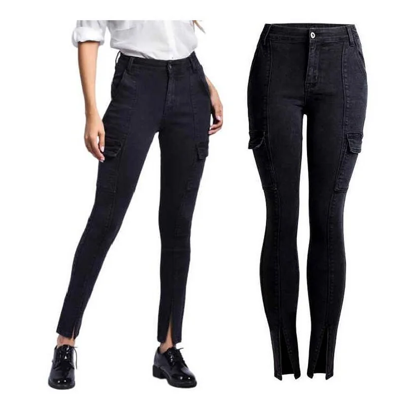 

Women's High Waist Black Skinny Jeans with Front Split Feet, Large Pocket Pants