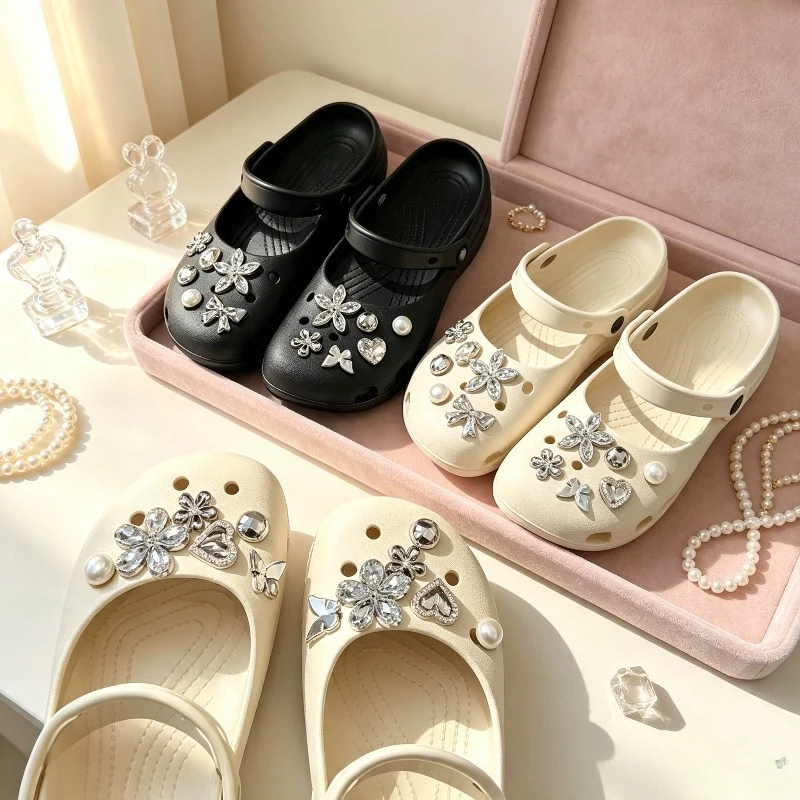 12Pcs Silver Crystal Pearl Heart Flower Shoe Charms Set Removable DIY Decor Accessories for Clogs