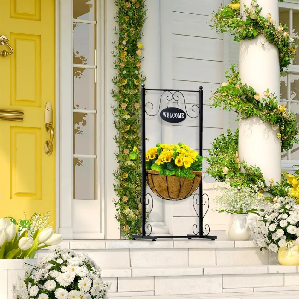 حامل سلة زراعة معدني أسود أنيق مع بطانة كوكو لديكور المنزل والحديقة والفناء والسطح #2