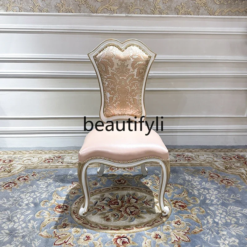 

A26 French leather dining chair luxury restaurant soft bag chair first layer cowhide solid wood carving flower chair