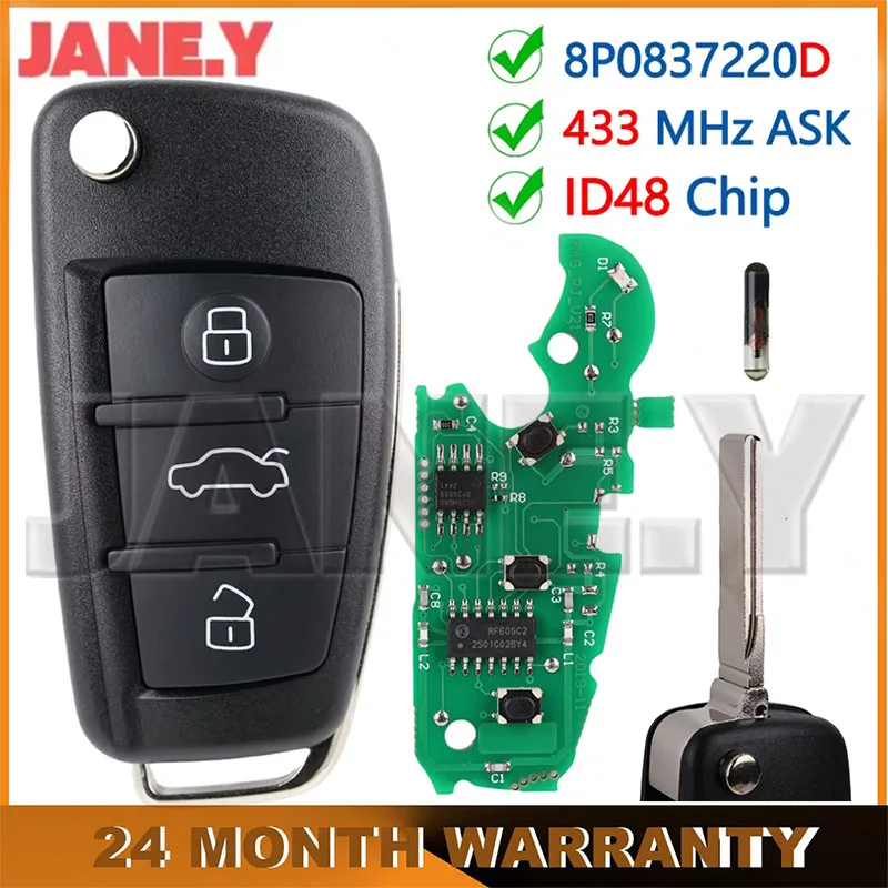 Car Key Fob Replacement For Audi A1 A3 TT S1 S3 Q3 2005+ 433Mhz ASK ID48 Chip 8P0 837 220 D Flip Key Fob 8P0837220D 3 Buttons