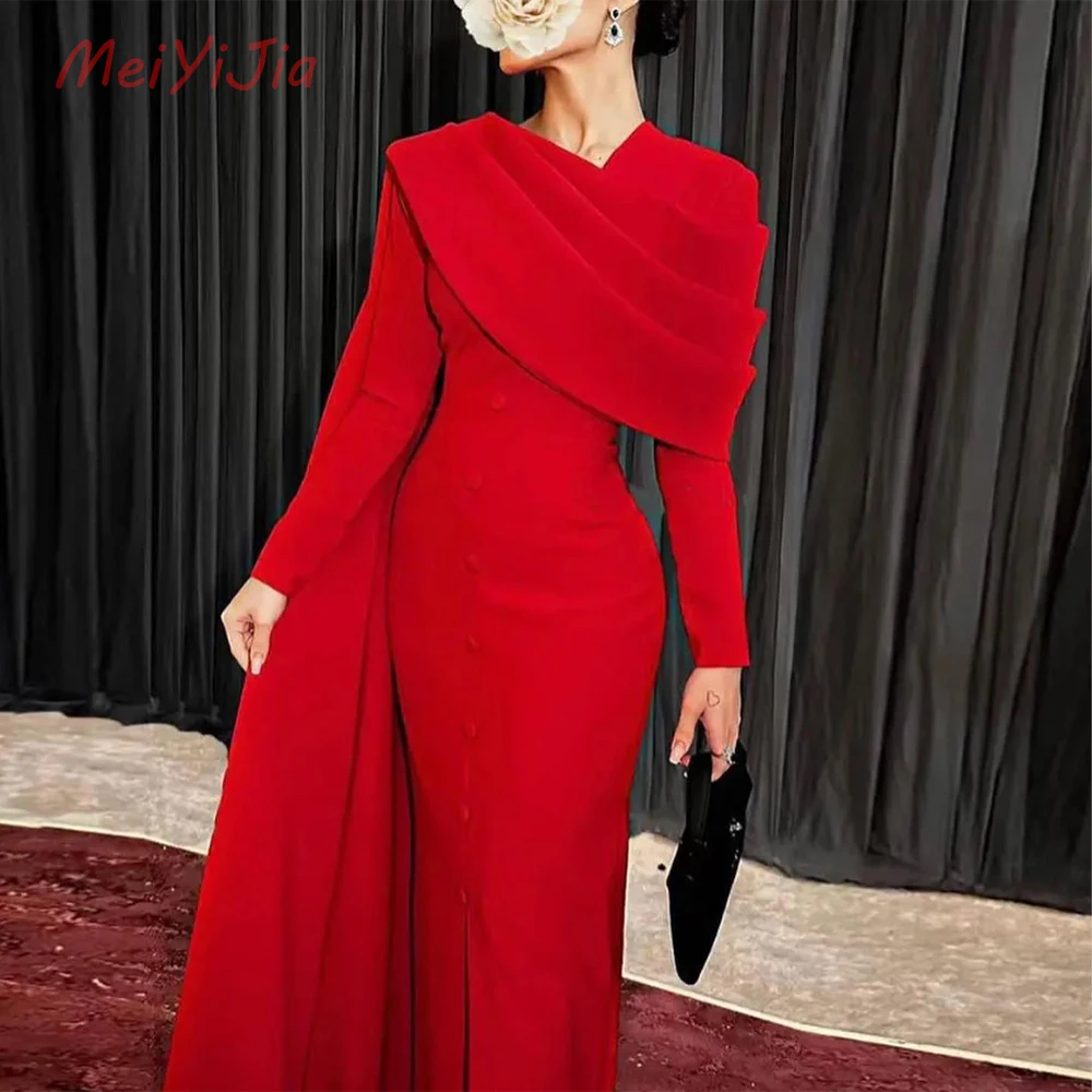 Meiyijia V-Neck Ruffles Button Luxury Long-Sleeves Floor-Length robes de soirée  فساتين سه  Arabia 2024 Sexy Evening Dresses