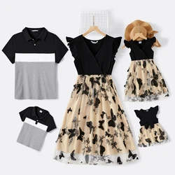 PatPat Family Matching Solid V Neck Flutter-sleeve Splicing Butterfly Print Dresses and Short-sleeve Colorblock T-shirts Sets