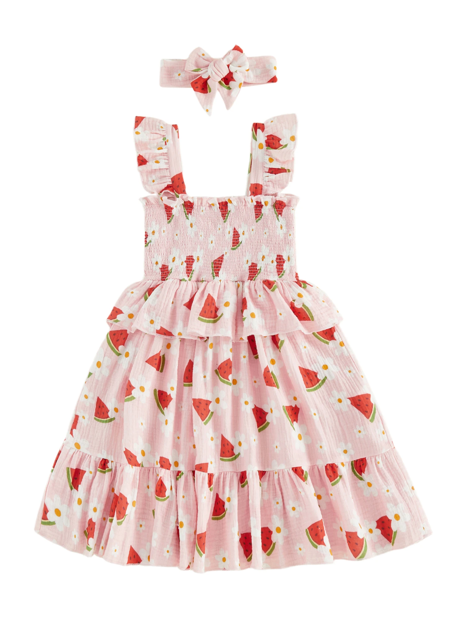 

Комбинезон без рукавов с цветочным принтом и рюшами для маленьких девочек, в комплекте с подходящей повязкой на голову для летнего гардероба.