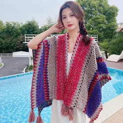 New Loose Tassel Jumper Scarf Spring Knitting Pullover Inrregular Ponchos Elegant Cloak Coat Lady Sweater Autumn Winter Tops