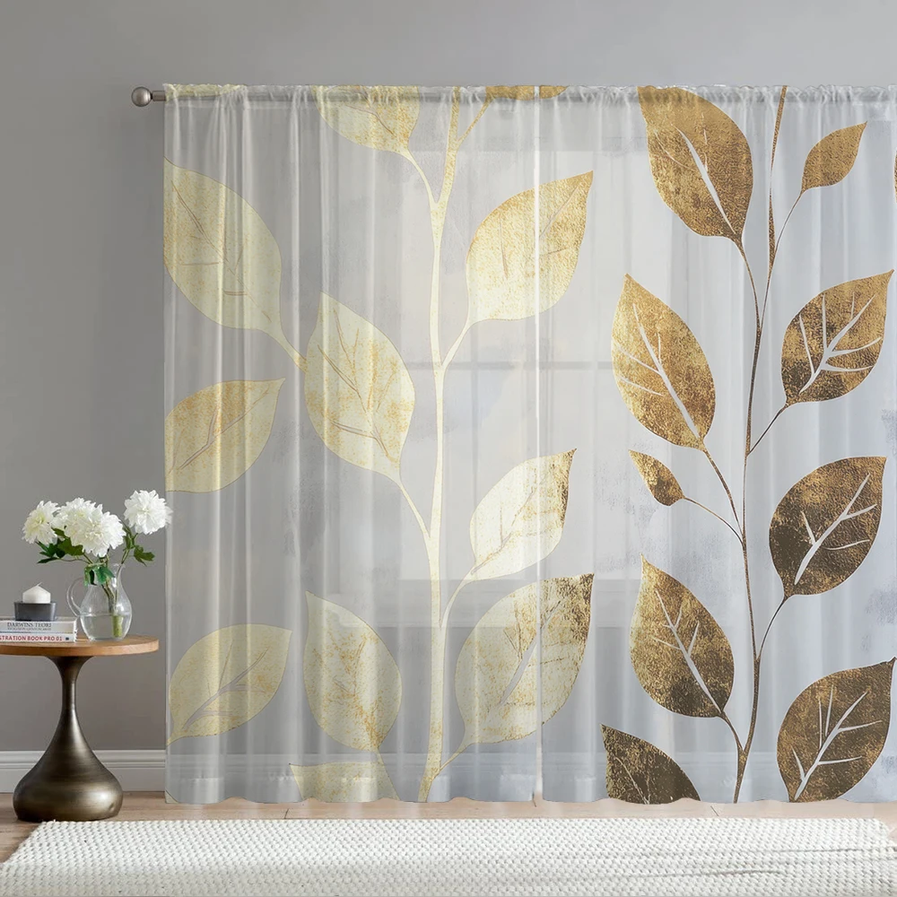 2Pcs Golden Leaf Branch Print Home Decoration Window Screens Suitable For Kitchen, Coffee Shop, Dining Room, Bedroom