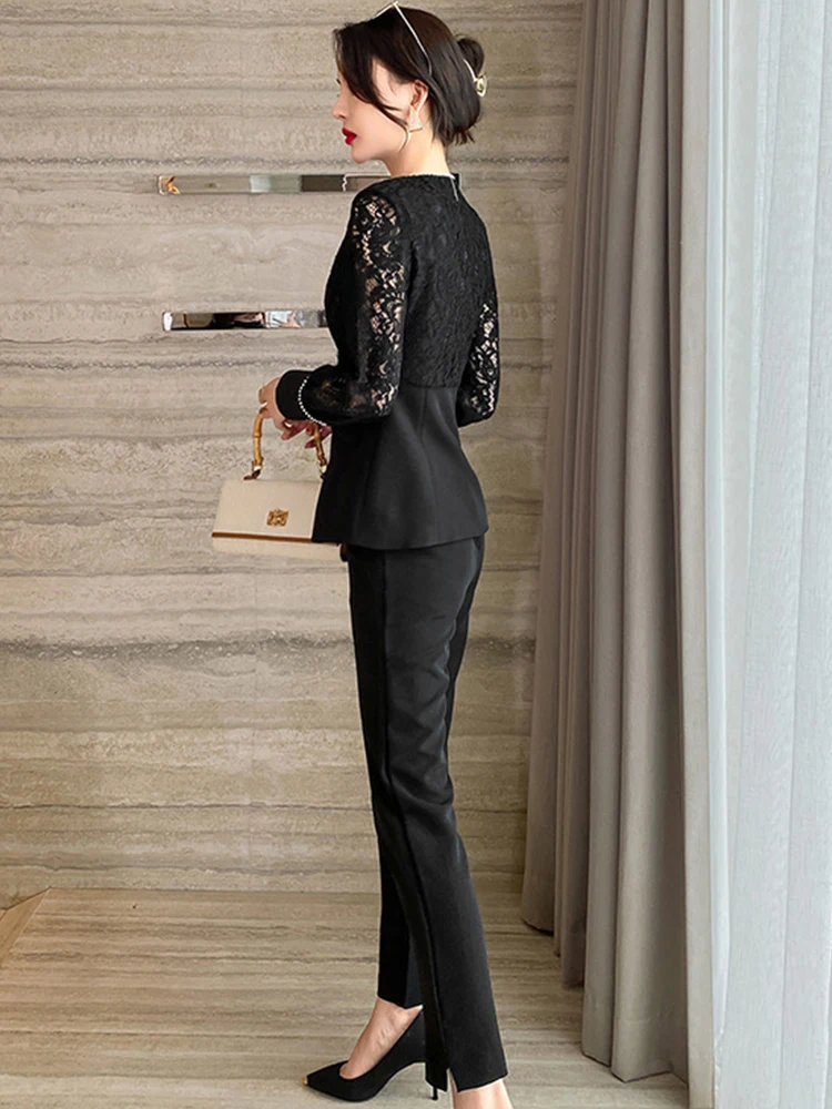 2023 Spring Elegant Business Women 2 Piece Suits Black Sheer Lace Hook Flower Hollow Pearls Shirt Trousers Office Pants Sets