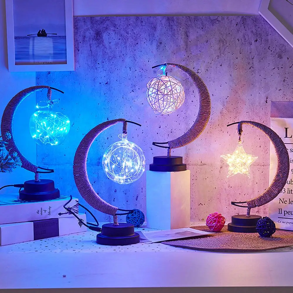 

LED Night Lamp Stars Moon Light Rattan Ball Children Birthday Gift Handmade Hemp Rope With Battery Wrought Iron Table Light