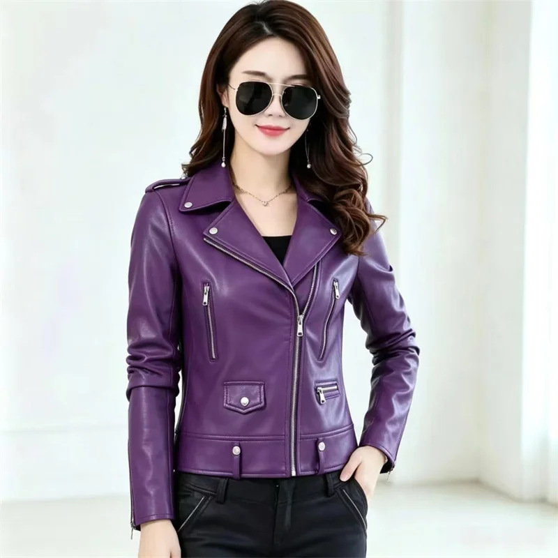 Women's High-end Short Motorcycle Leather Jacket Spring Autumn Coat New Slim Versatile Korean Leather Coat Top Casual Outerwear