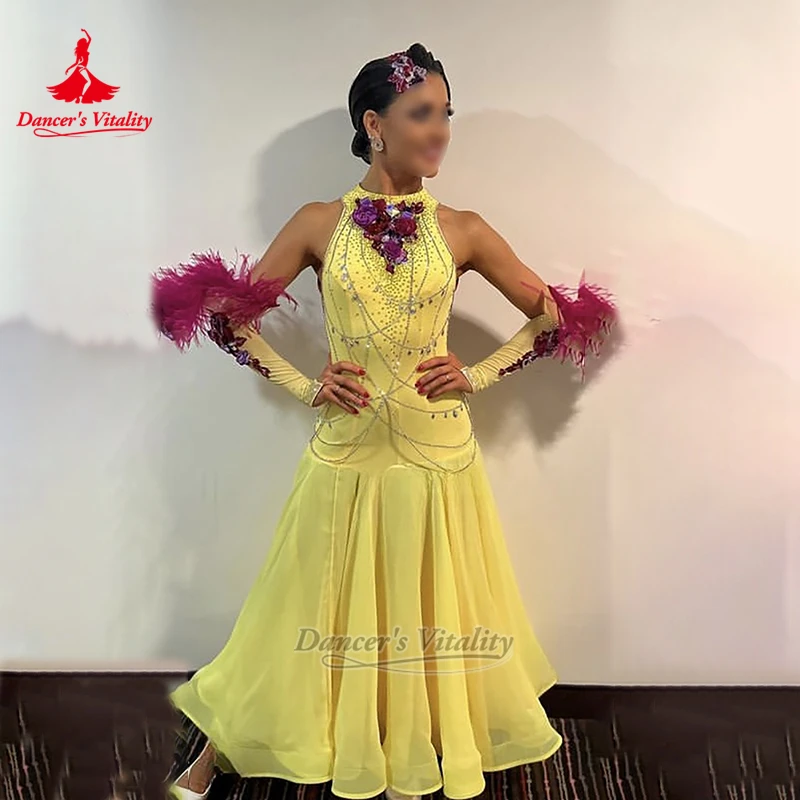 Adult Tango Foxtrot Quickstep Graceful Sleeveless Dress Customize Women Social Dance Hight-neck Contest Clothe Dancer's Vitality