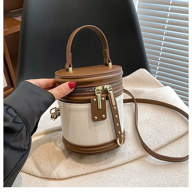 Fashion Splicing Cylinder Handbag Women Vintage Color Block Vertical Bucket Mini Bag Daily Travel Shoulder Crossbody Purse