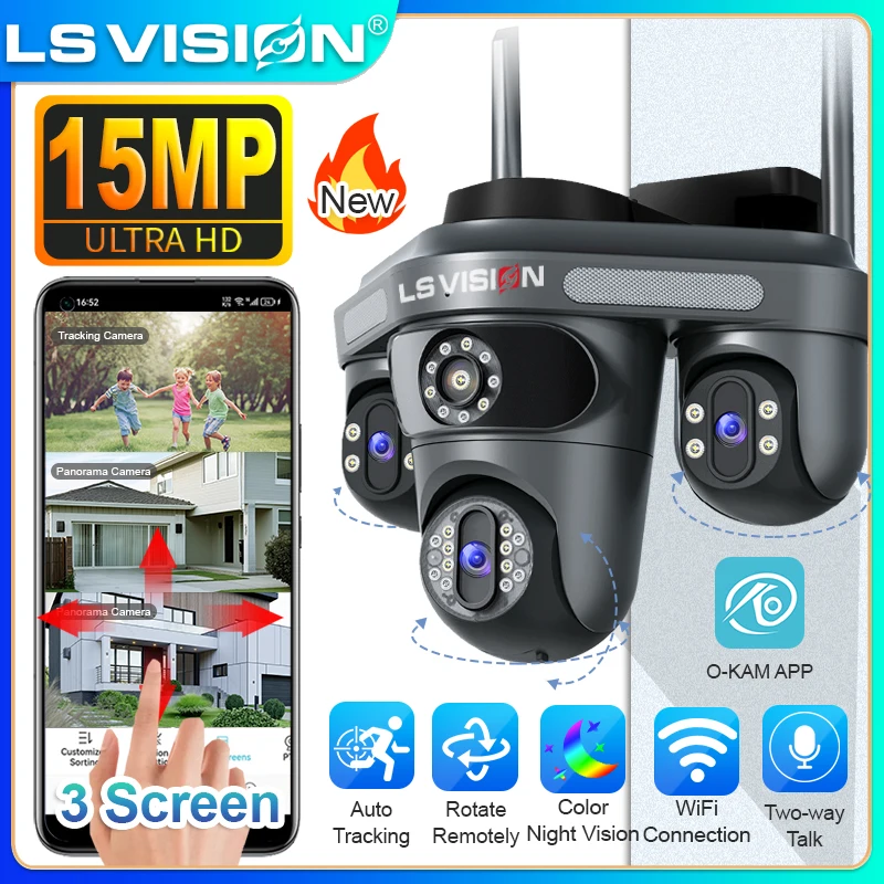 

LS VISION 15MP WiFi Cameras 3-Screens 3-Lens Outdoor Wireless IP Camera 360° Remote Rotation Auto Tracking CCTV Camera OKam App