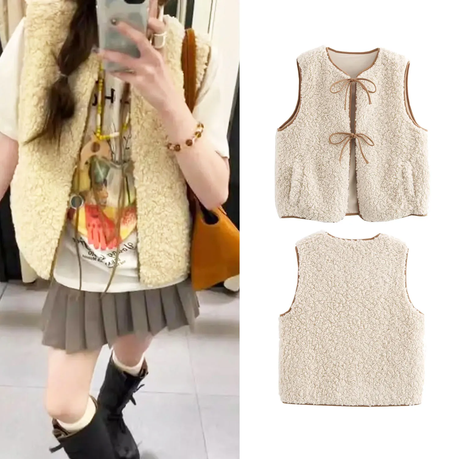 

Women's Fleece Vest Casual Cute Butterfly Knot Pullover Top Female O-Neck With Pocket Loose Warm Autumn Winter Leisure Vest Coat