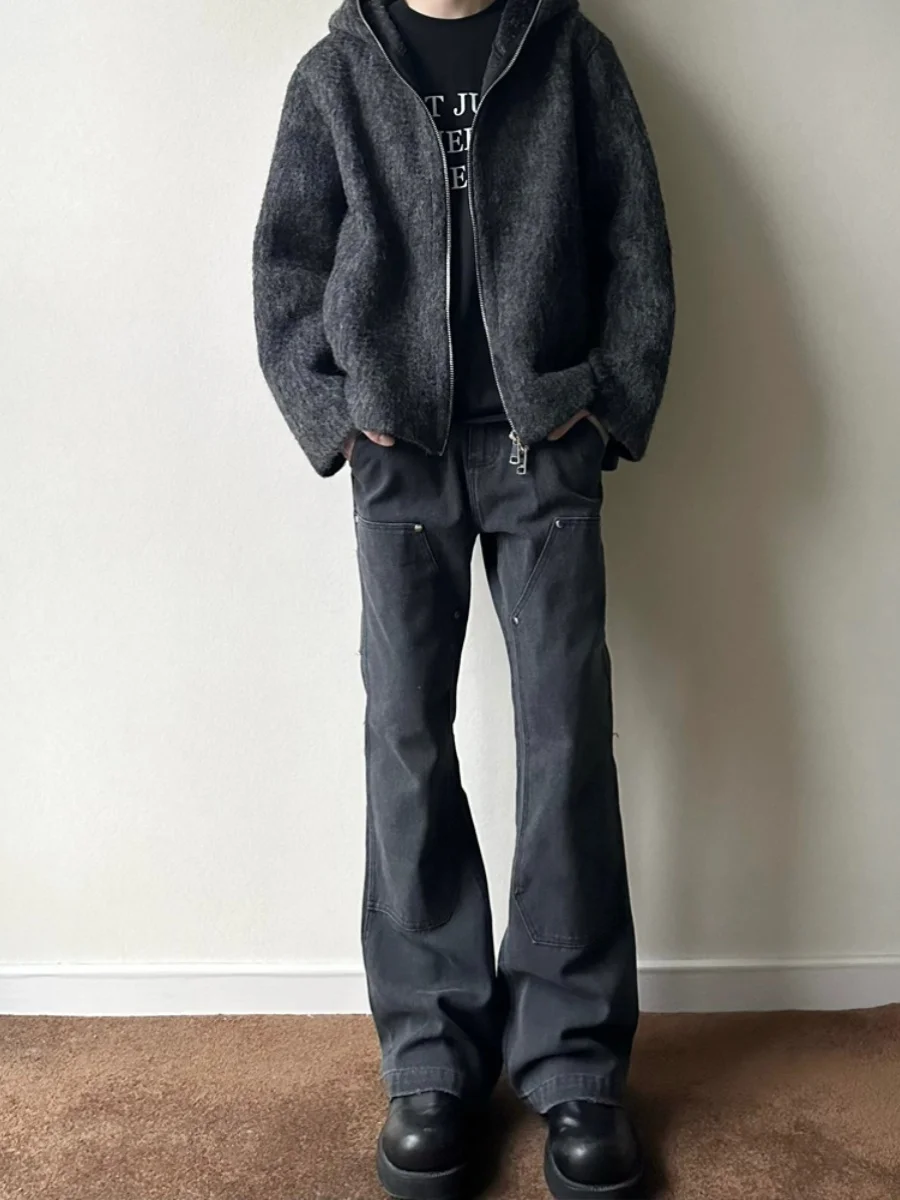 

Retro American High Street Loose Fit Black Splicing Men's Bell Bottom Jeans Trendy Casual Straight Leg Pants for Teens