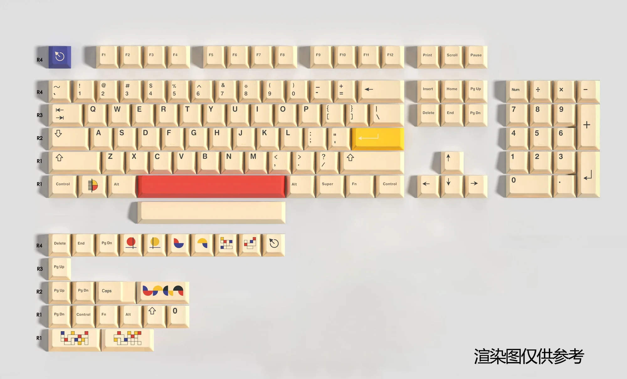 

Three primary colors red, yellow and blue, retro-themed keycaps 128-key small full set, original height
