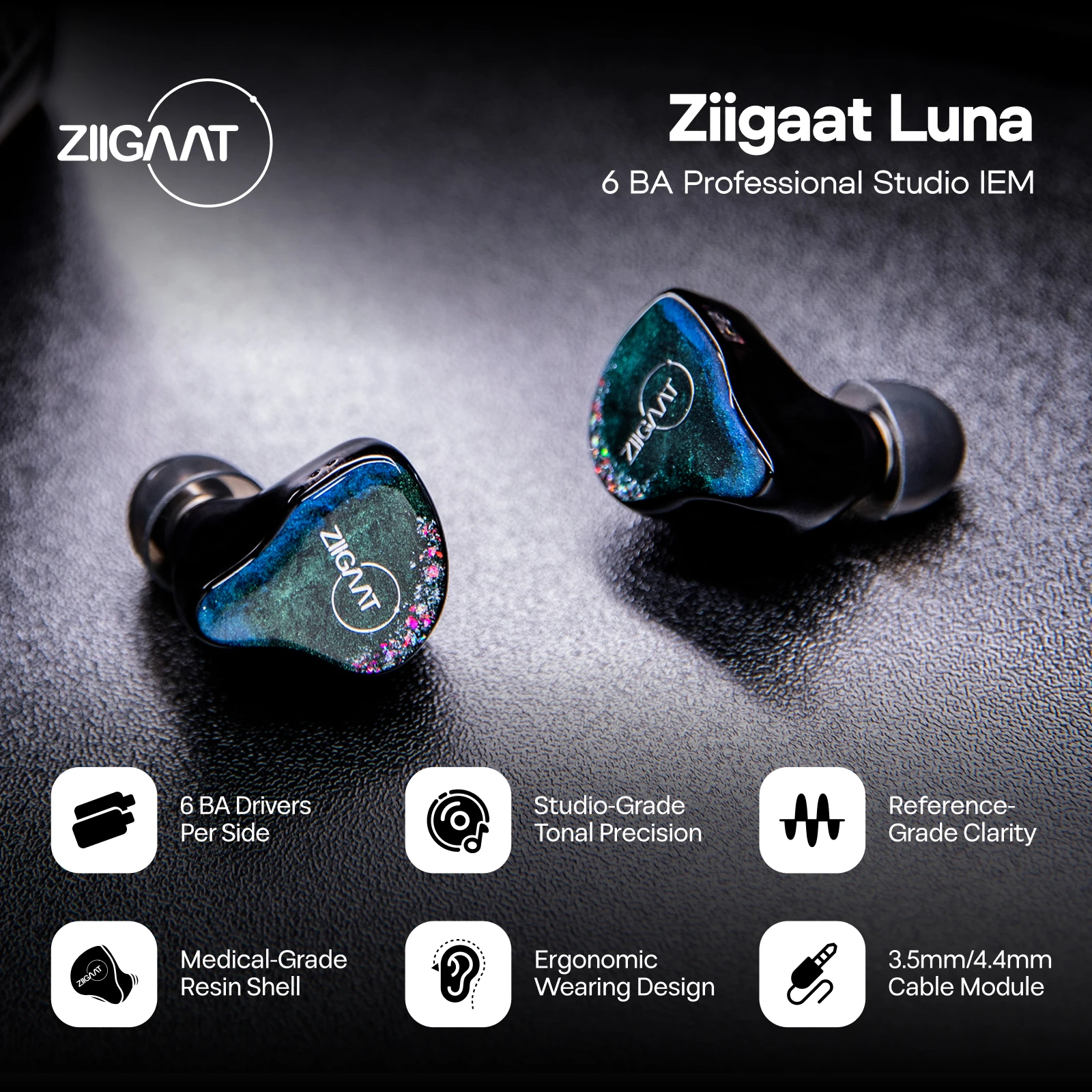 Linsoul ZiiGaat Luna 6BA Studio IEM مراقب سماعة Hifi عالية الجودة مصنوعة يدويًا مع كابل قابل للتبديل ثنائي الدبوس لعشاق الصوت