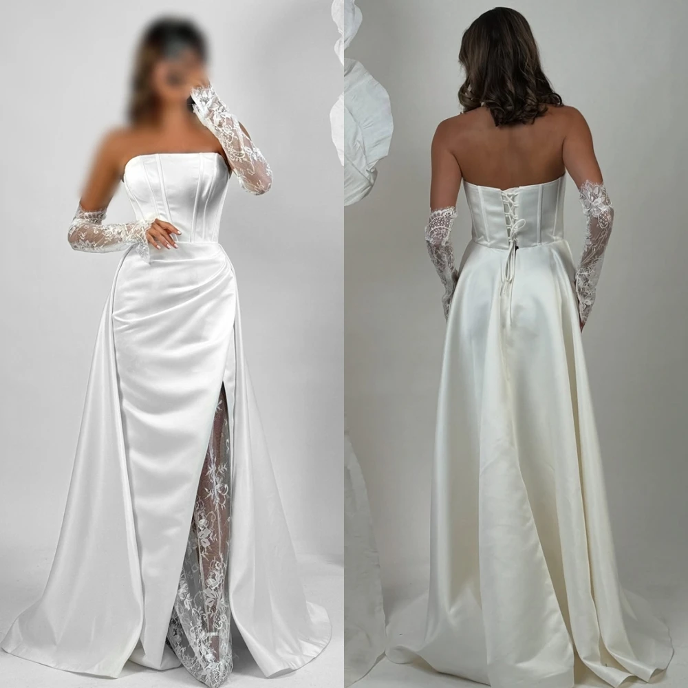 Customized Graceful Strapless Evening Dress and Temperament Satin Wedding Dresses and Delicate Lace Up Back Bridal Party