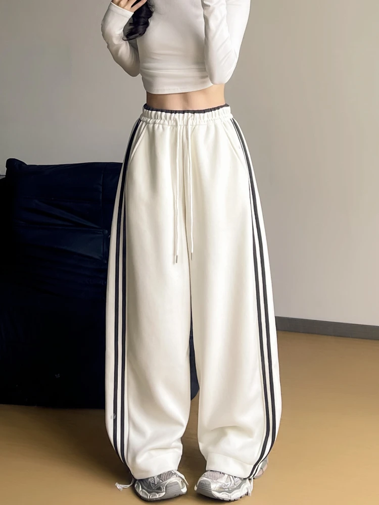 

Полосатые спортивные штаны, широкие брюки для женщин на осень 2023 года, новые эластичные повседневные брюки с высокой талией и прямыми штанинами для похудения