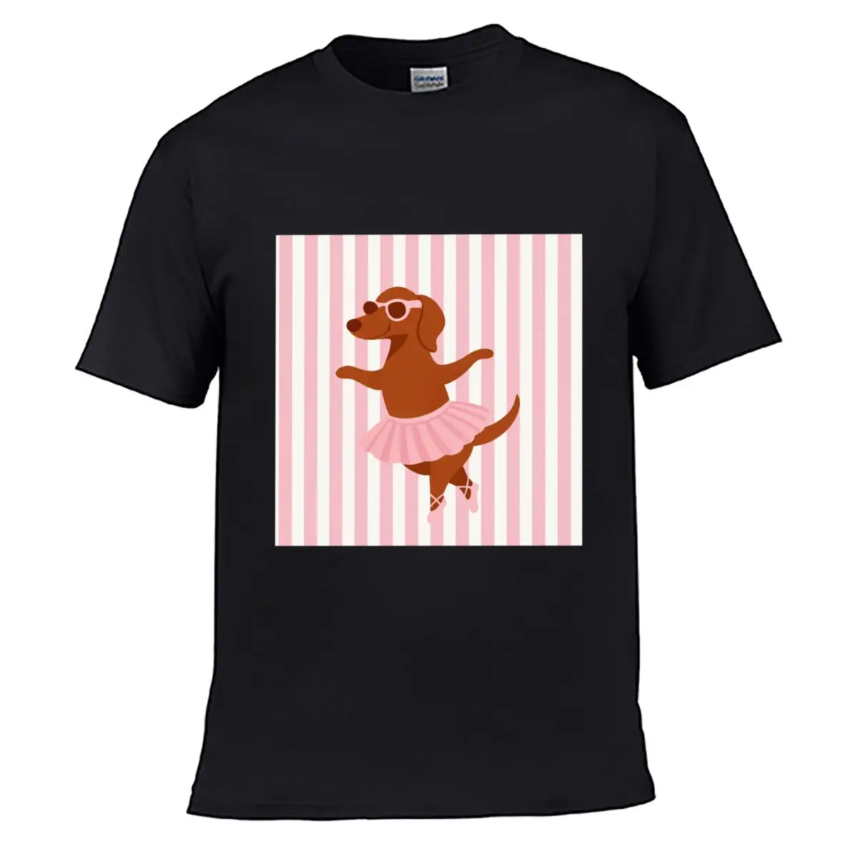 Ballet Dachshund Wearing Pink Tutu Sunglasses Striped Background short-sleeved T-shirt Streetwear Top