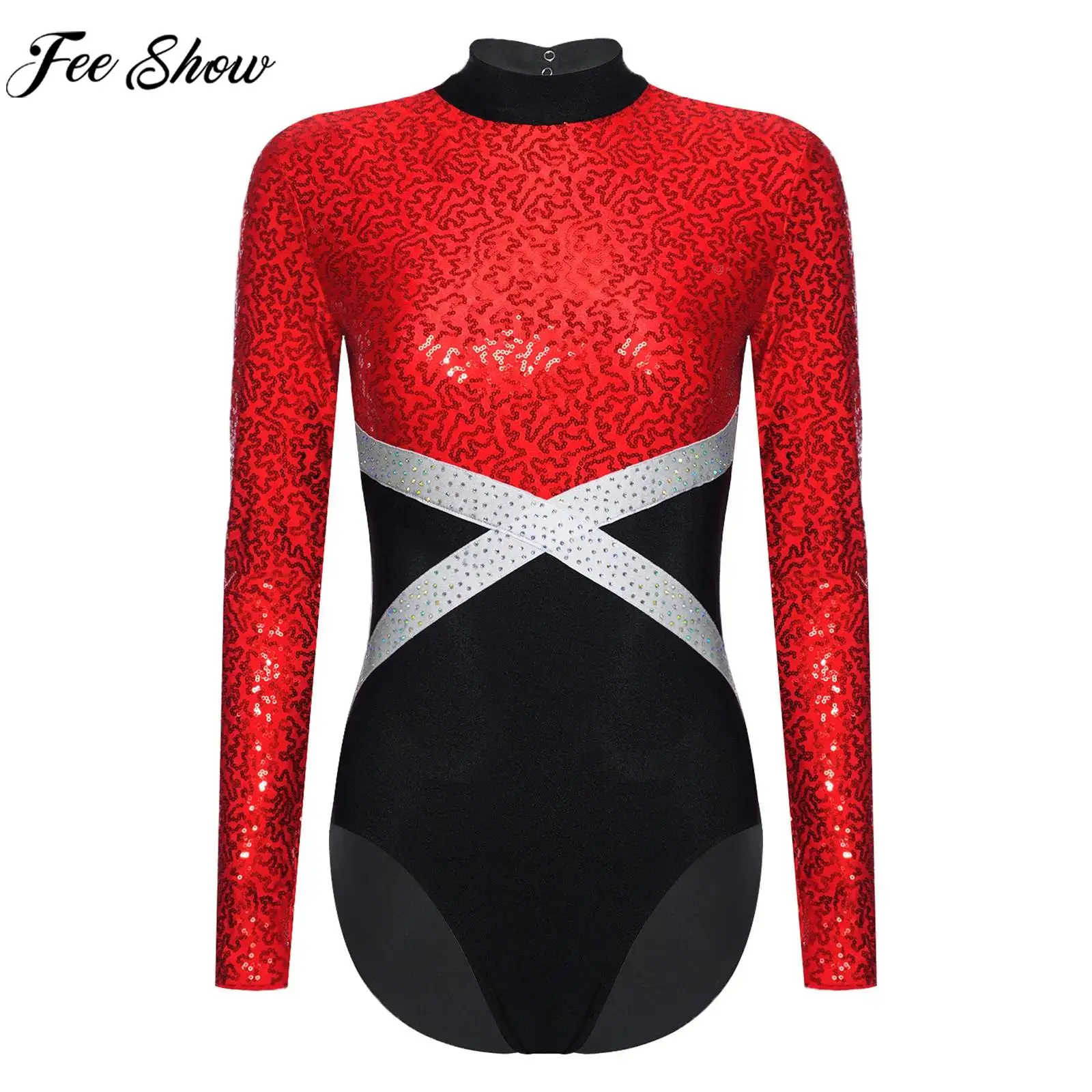 Women Rhythmic Gymnastics Leotard Figure Skating Ballet Dance Acrobatics Bodysuit Long Sleeve Shiny Sequin Rhinestone Jumpsuit