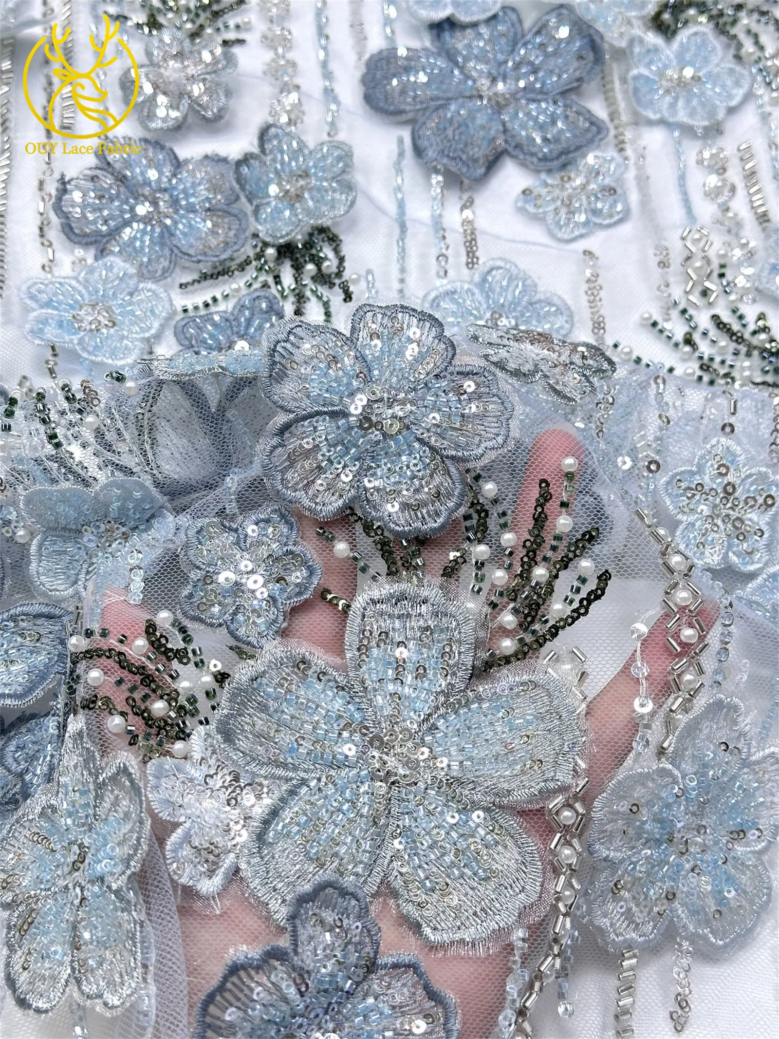Maßgefertigter Luxus 3D Handbestickter Blumen-Spitzenstoff Hochwertige Afrikanische Perlen-Pailletten-Spitze für Hochzeitskleider und Näharbeiten – Detail 9