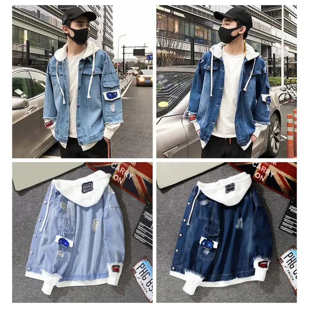 Trendy Denim Jacket Korean Style Contrast Color Male Ripped Single Breasted Denim Jacket  Men Coat Streetwear