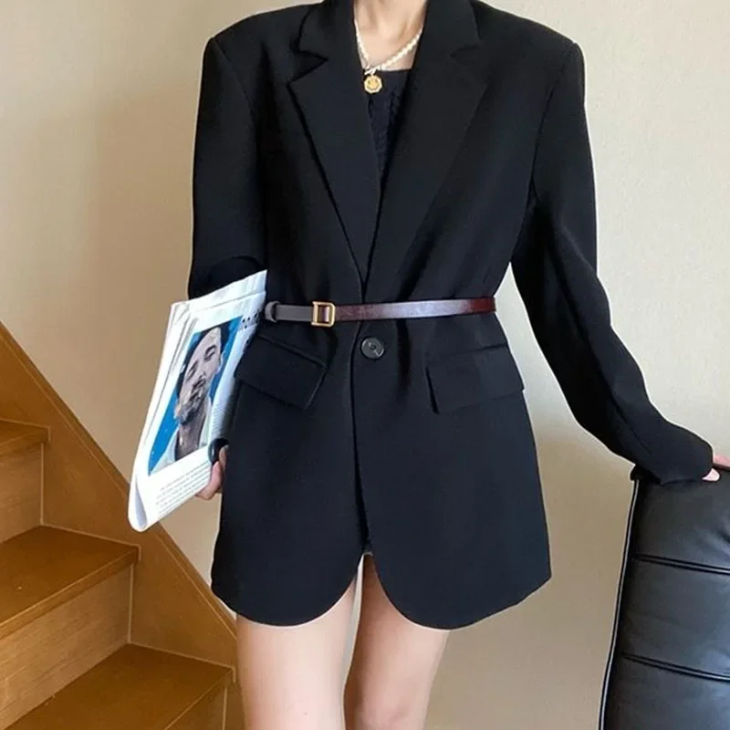 2025 한국 스타일 루즈핏 블랙 블레이저 여성 봄 가을 싱글 버튼 캐주얼 수트 코트 여성 빈티지 스트리트웨어 의류
