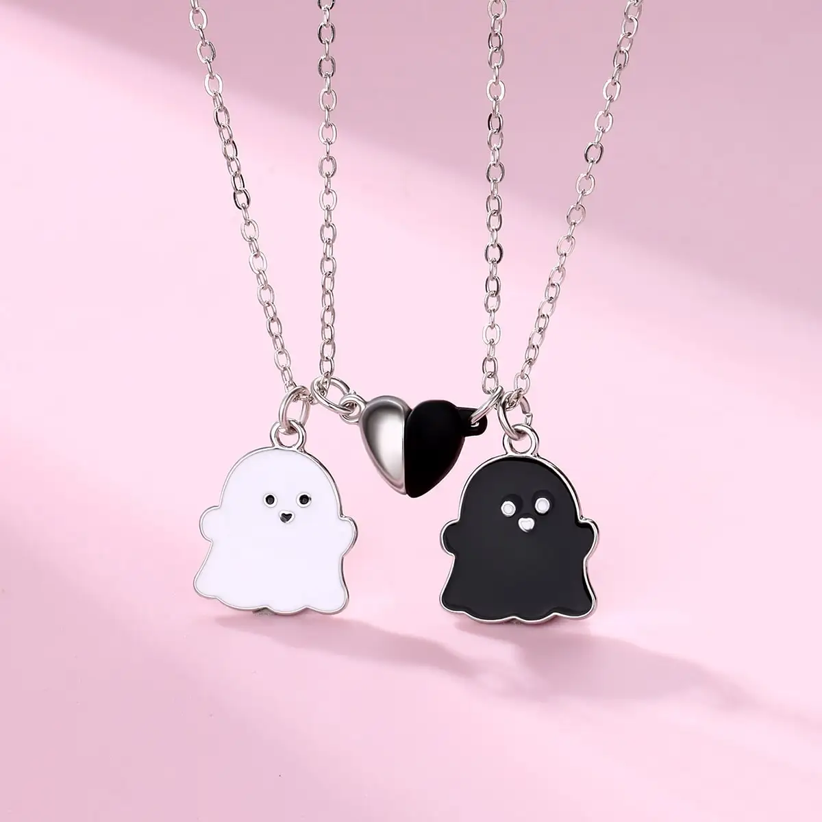 Ghost Necklace Zinc Alloy Black and White Drop Oil Heart Magnet Exquisite Necklace set suitable for everyday wear