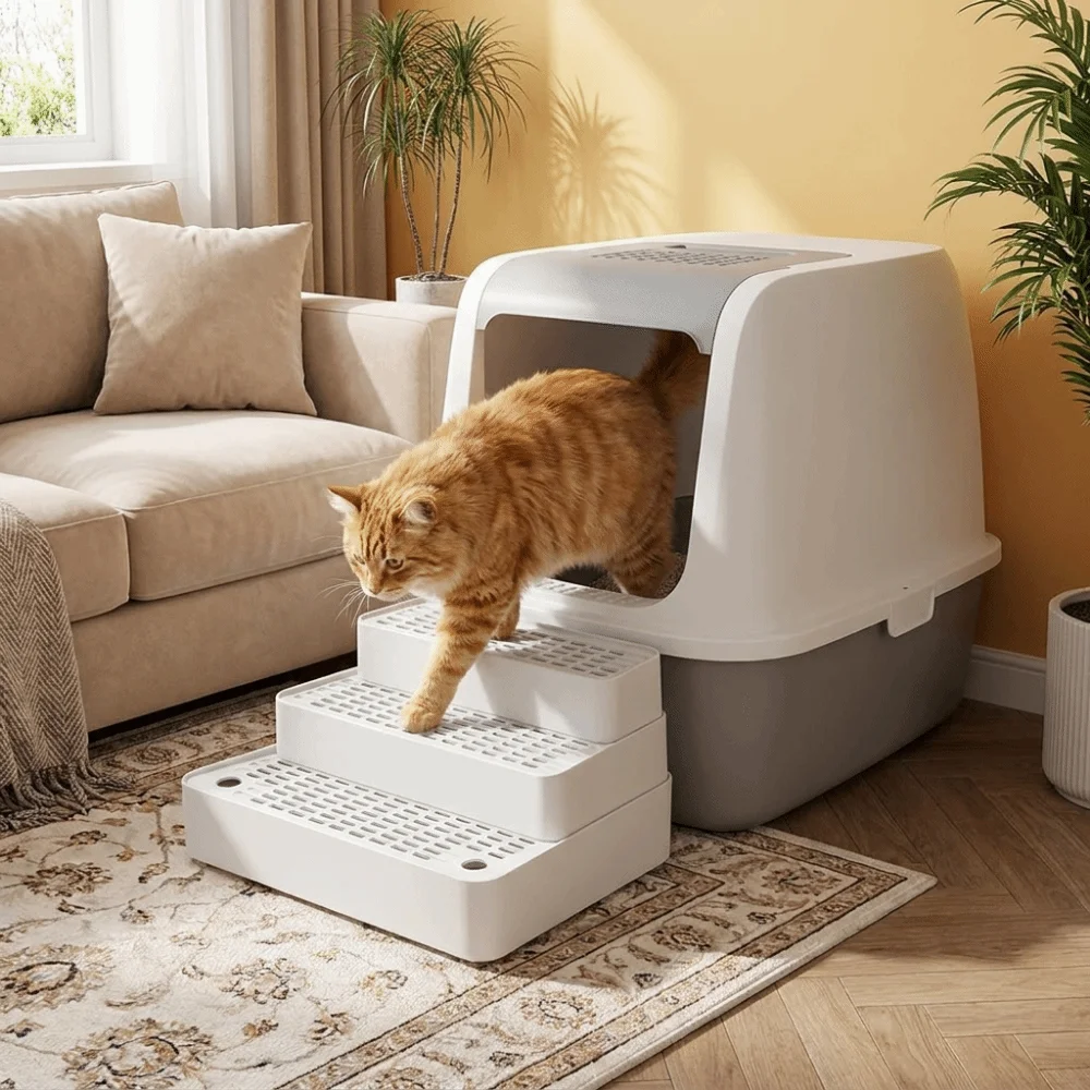 Plastic 3 Steps Cat Litter Box Ramp Adjustable Non Slip Cat Litter Stair Waterproof with Drainage Holes Cat Ramp
