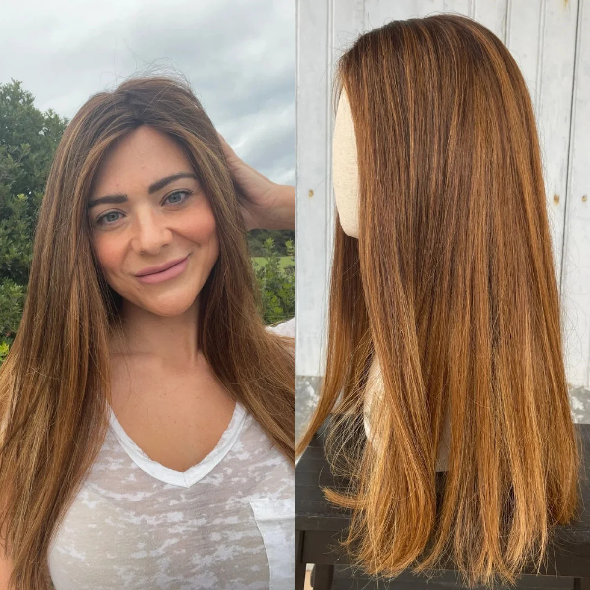 

Парик без клея с омбре и медово-коричневыми мелированиями, натуральный прямой, 20 дюймов, синтетический, естественного вида, для женщин, для повседневной носки и вечеринок