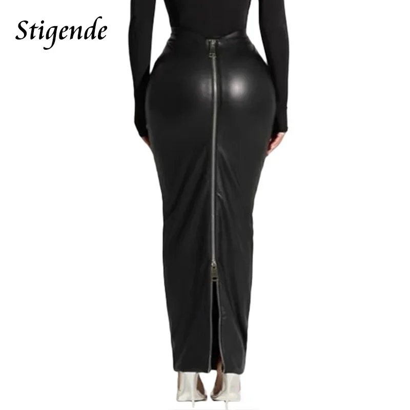 Stigende Sexy Pu Leather Full Zipper Long Skirt Women High Split Black Faux Leather Slim Fit Maxi Skirt