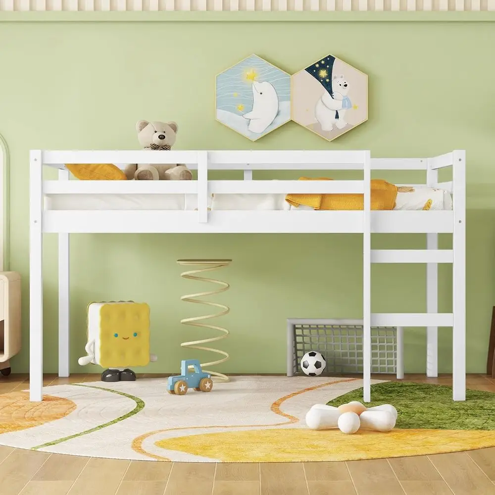 

Twin Size Low Loft Bed with Ladder, Solid Wood Construction, Guardrail Included, Space-Saving Design, No Box Spring Needed, Whit