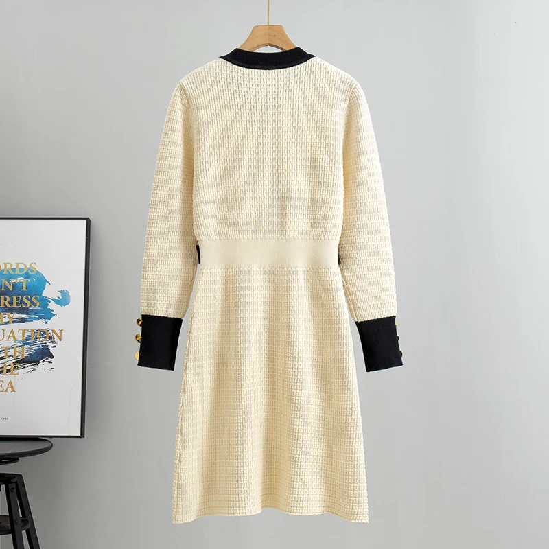 Korean Style  Women\'s Spring and Autumn 2024 New French High Quality Elegant O- Neck  Size Slimming Casual Knitted Dres