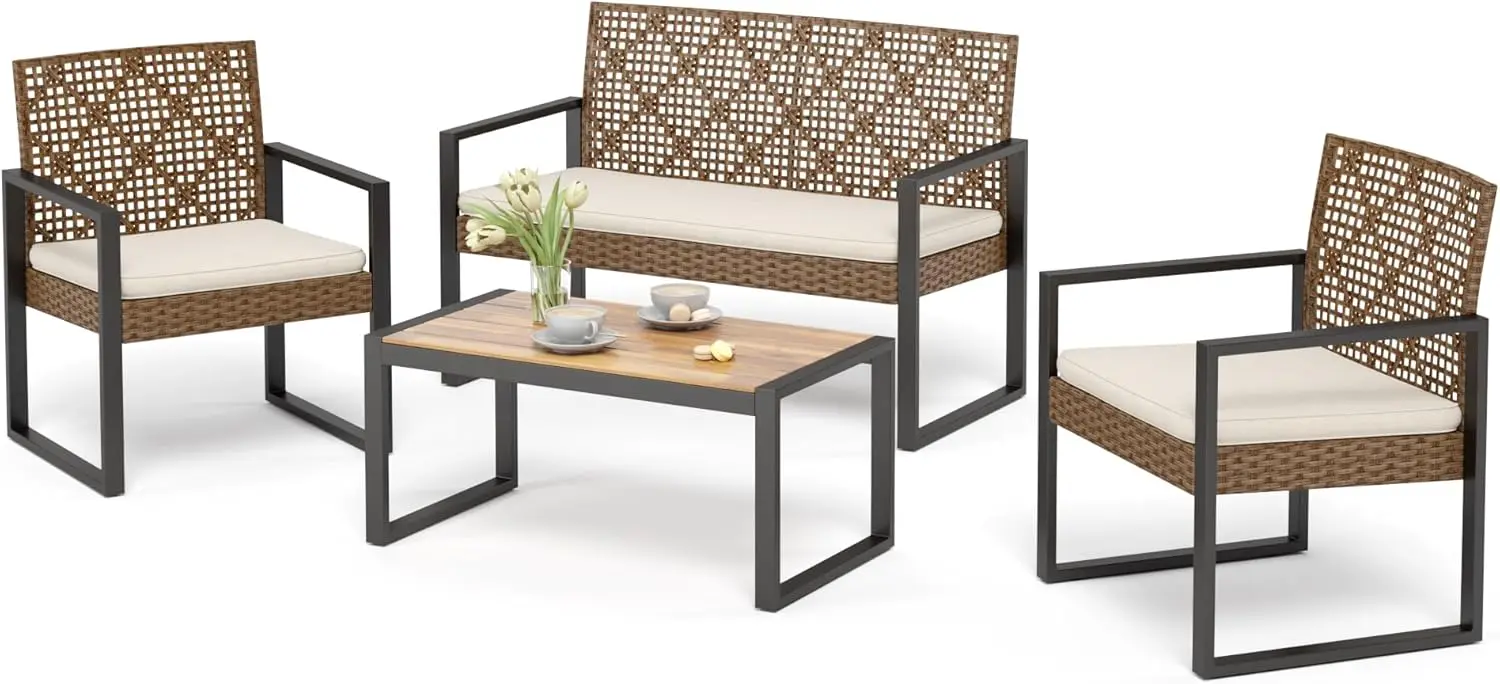 مجموعة محادثة للفناء مكونة من 4 قطع، مجموعة أثاث خارجي من الخيزران لـ 4 أشخاص، مجموعة جلوس خارجية لجميع الأحوال الجوية، مقعد راتان ومفرد