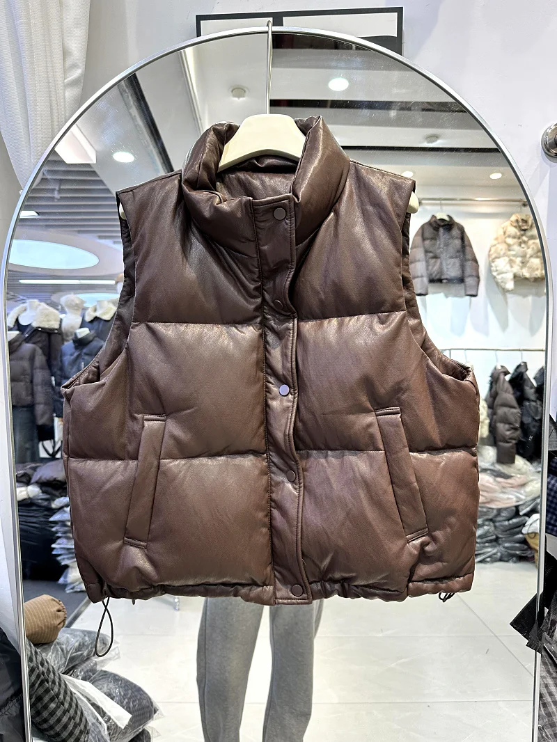 

Женский тонкий повседневный однотонный жилет с воротником-стойкой, пуховый жилет из искусственной кожи, модная осенне-зимняя новая корейская версия