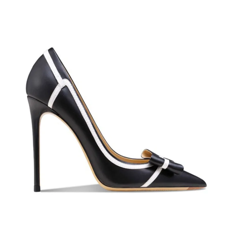 

Sexy Black White Leather Patchwork Bow Pumps Shallow Cut Slip On Pointed Toe Butterfly Knot High Heels for Women