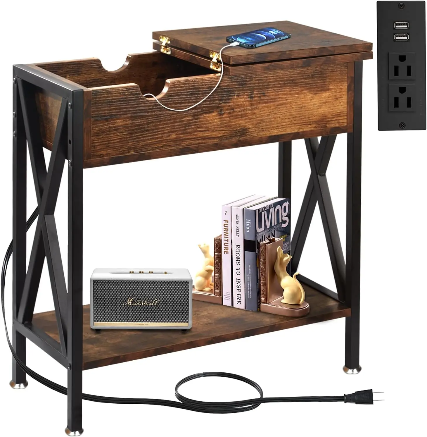 

End Tables Living Room With Charging Station, 11.2"" D X 24"" W X 24"" H, Flip Top Side Table With Usb Ports And Outlets, Couch