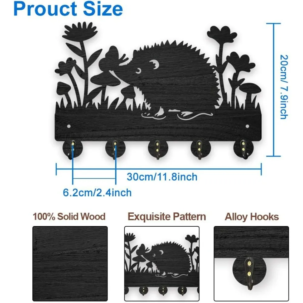 Wooden Hedgehog Flower Coat Hooks Butterfly Animal Key Holder for Wall 11.8×7.9inch Nature Wildflower Animal Key Hanger 5