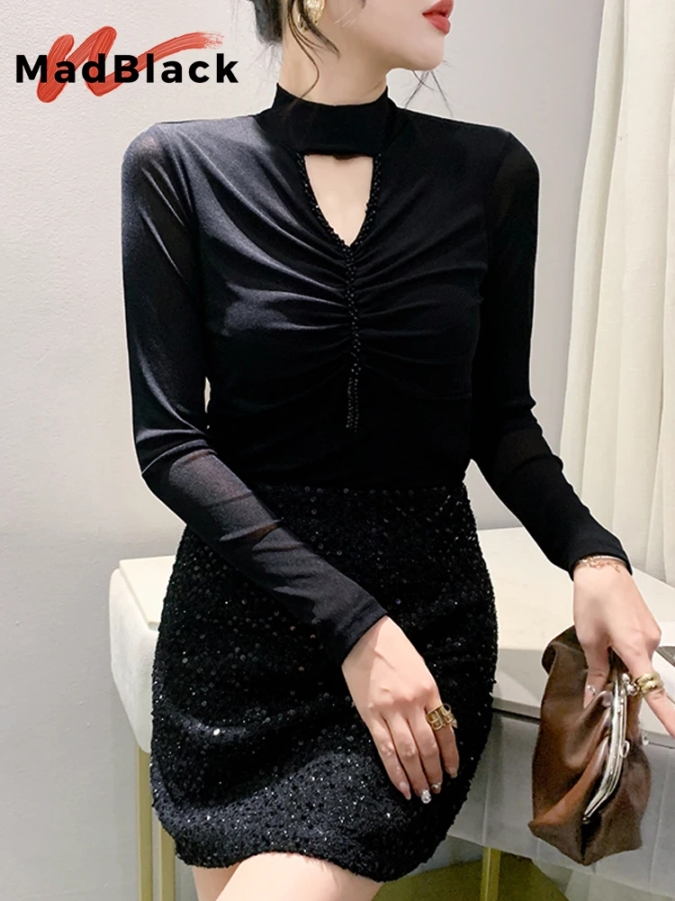 

MadBlack Turtleneck Tshirt Women Sexy Halter Beaded Hollow Out Slim Mesh Tops Long Sleeve Clubwear Tee New Fall Winter T3N508JC