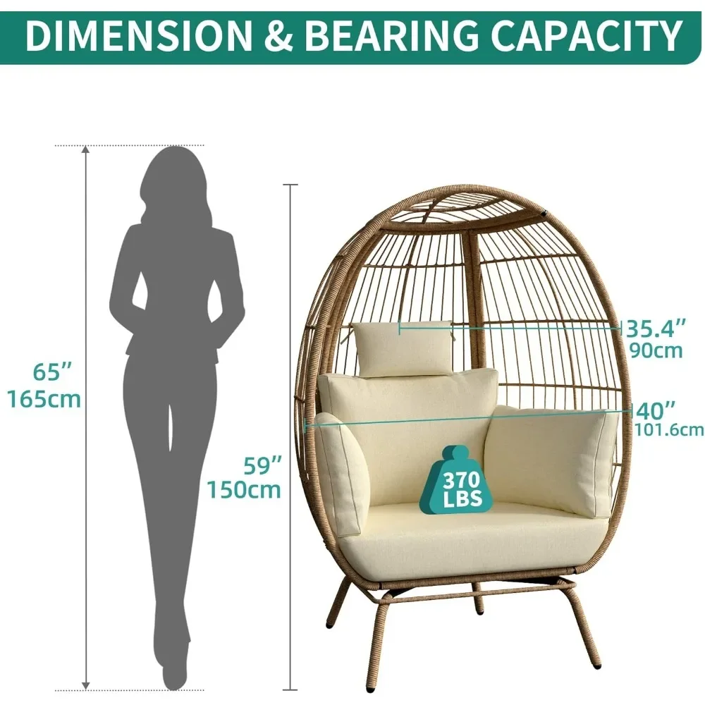 Egg Chair Wicker Outdoor Indoor, Oversized Lounger with 370lbs Capacity Large Egg Chairs with Stand Cushion