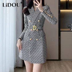 Autumn Winter Elegant Fashion Double Breasted Printing Blazer Dress Ladies Long Sleeve Temperament Waist Mini Vestido Women Robe