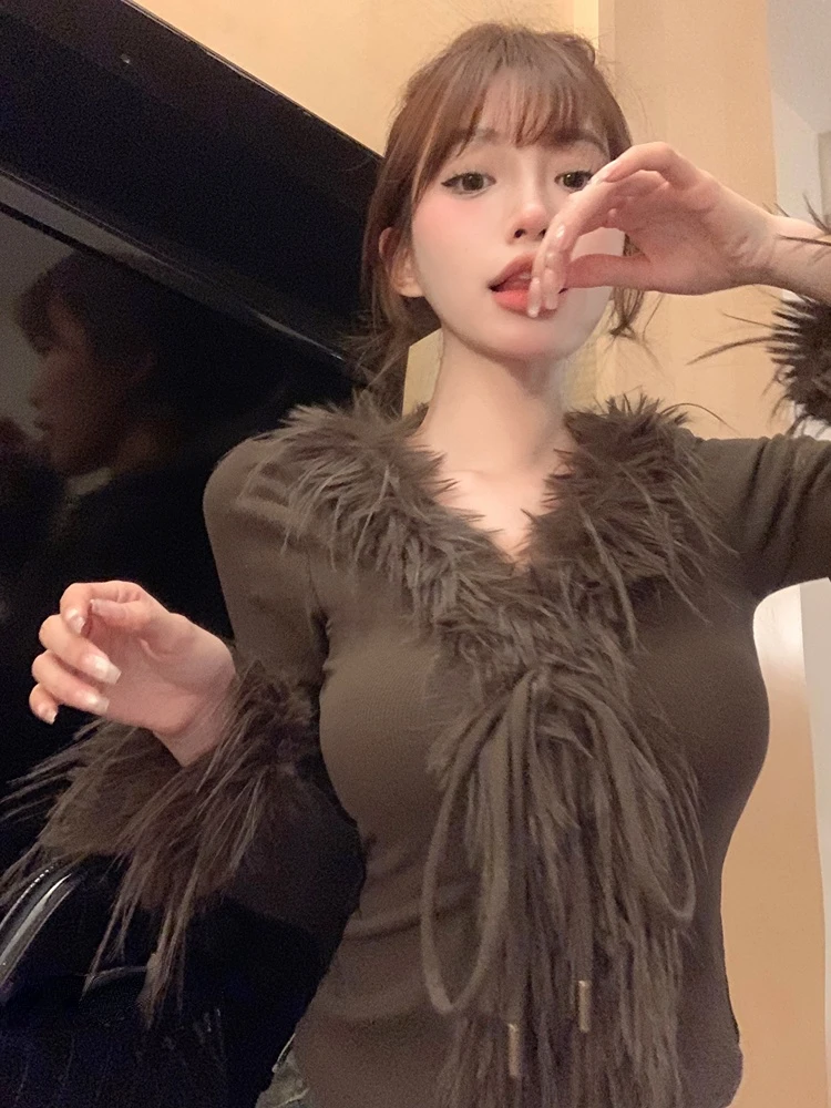 2023 Spring Faux Fur Knitted Cardigan Women Slim Sexy Y2k Crop Tops Female Sweet Elegant Sweater Korean Fashion Clothing Blouse