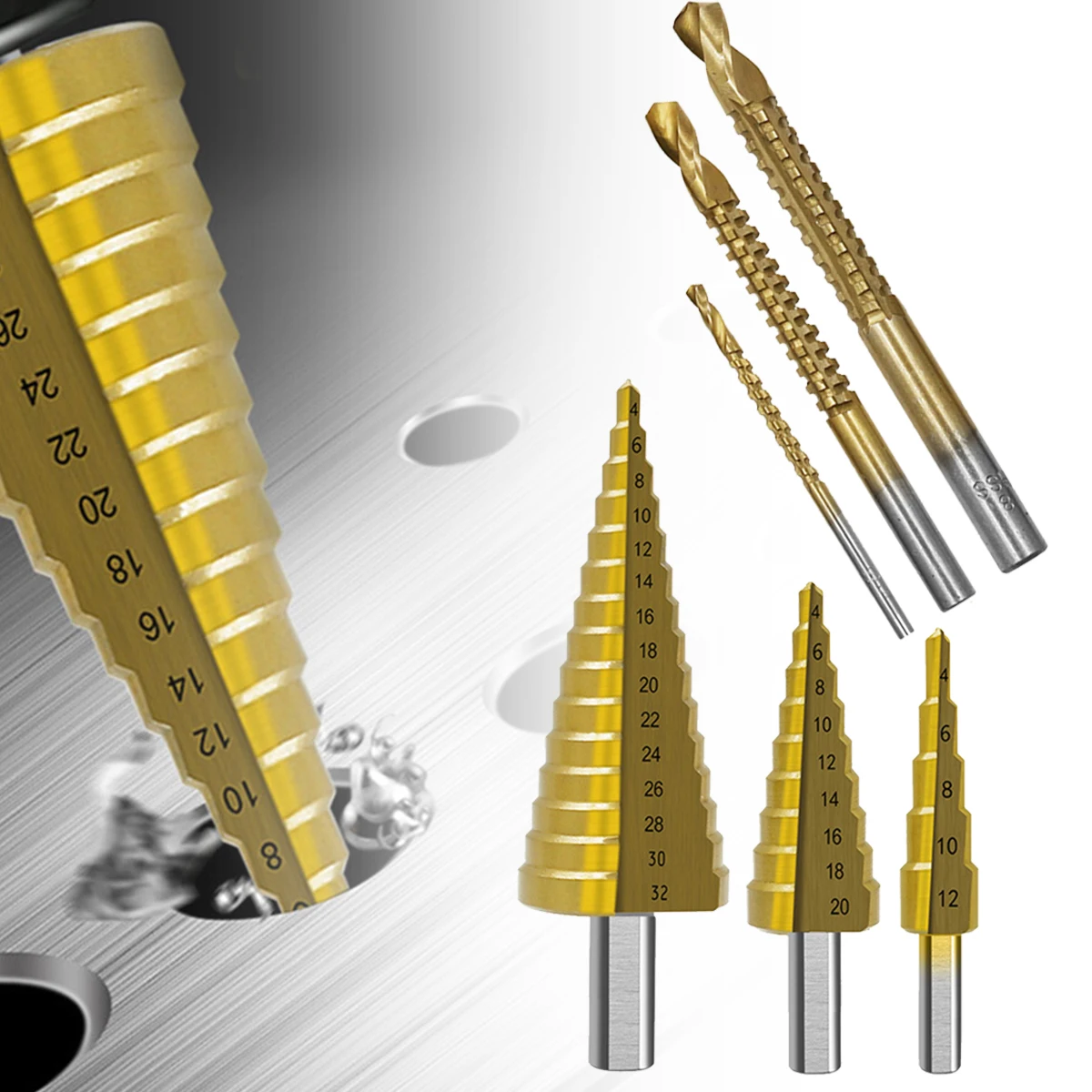 

Multifunctional Drill Bit Triangular Handle High Speed Steel Titanium Plated Step Drill Set Woodworking Slotting Saw Drill Set