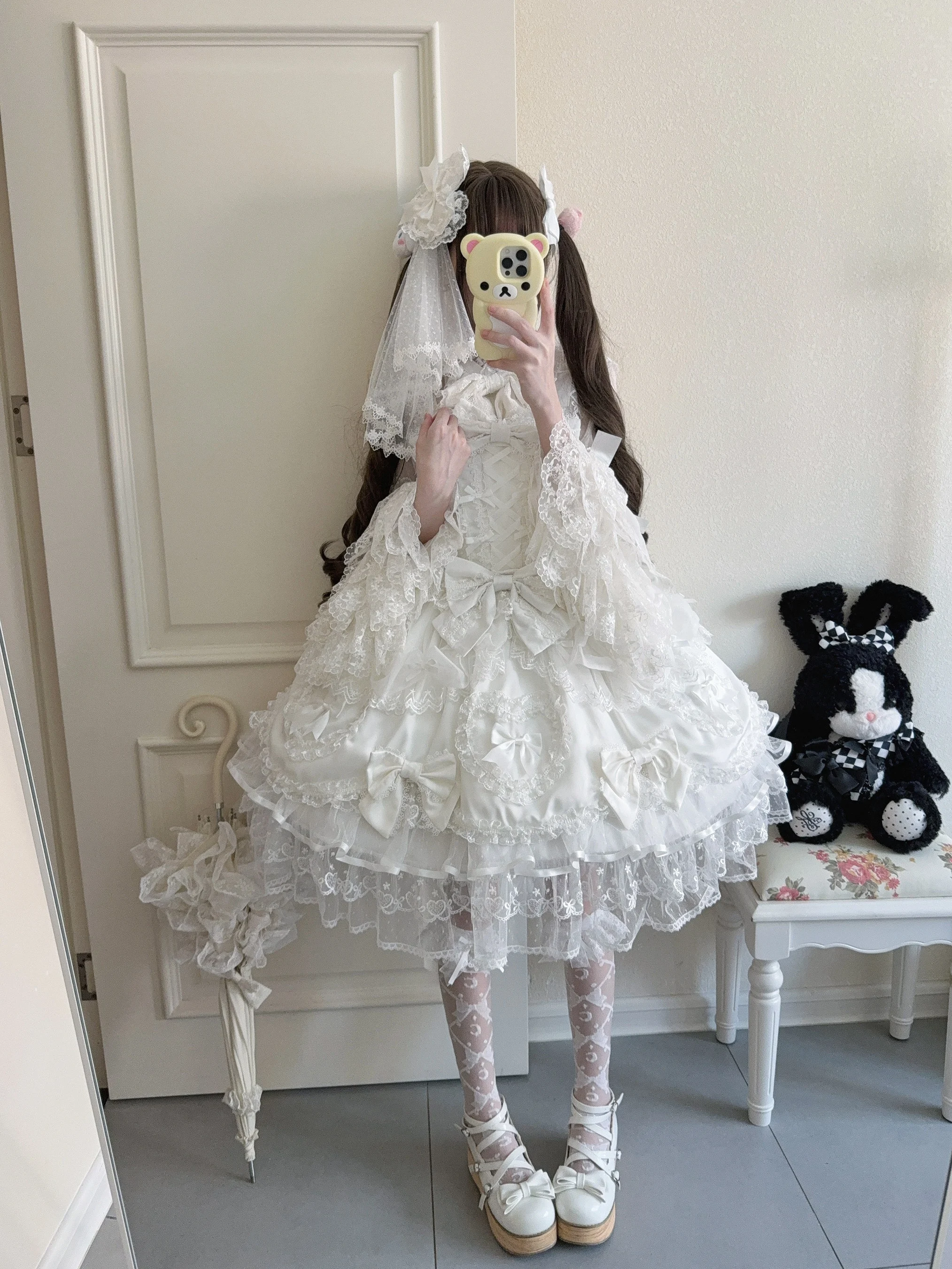 الأصلي الحلو الفتيات Y2k لوليتا فستان حفلة عيد ميلاد JSK الأميرة نمط فستان المرأة سليم صالح القوس الدانتيل فستان بكتافة عيد الميلاد #6