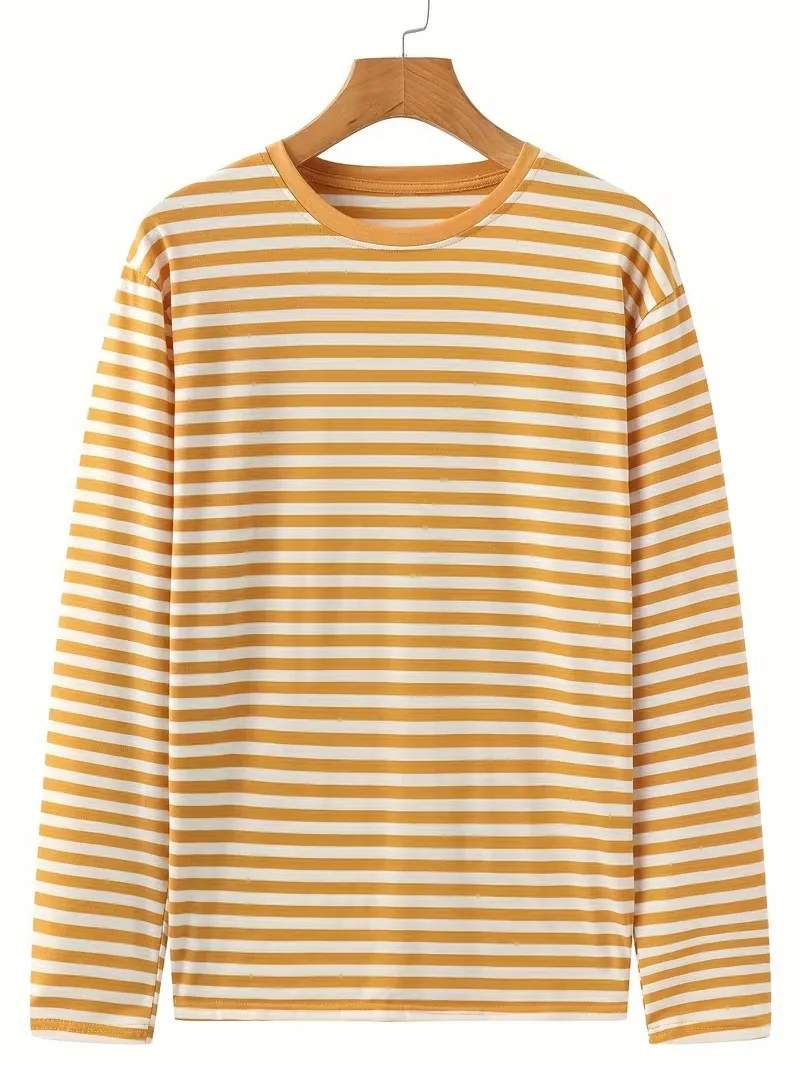 classic Simple Yellow and white striped print men's T-shirt fashion long sleeved T-shirt casual sport O-neck pullover loose tops