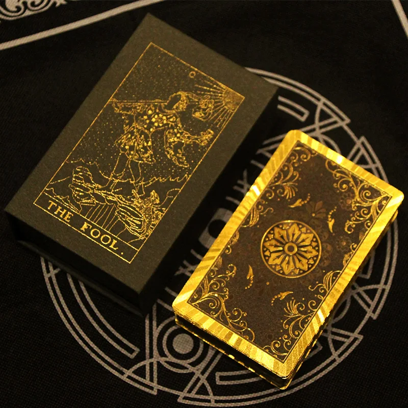 Golden Tarot Card Gift Box, Luxury Suit Hot Stamping PVC Waterproof and Wear-Resistant Board Game Card, Divination with Manual