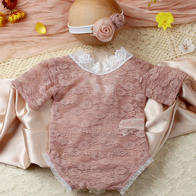 Ylsteed 2 Pieces Set Dusty Pink Newborn Girl Photography Outfits Baby Lace Romper with Bowknot Floral Headband Infant Photo Prop